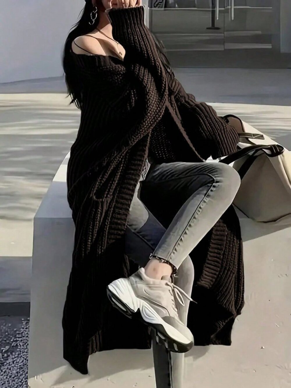 Coffee Brown Casual Women's Loose Fit Long Sleeve Cardigan - Picture 4 of 5